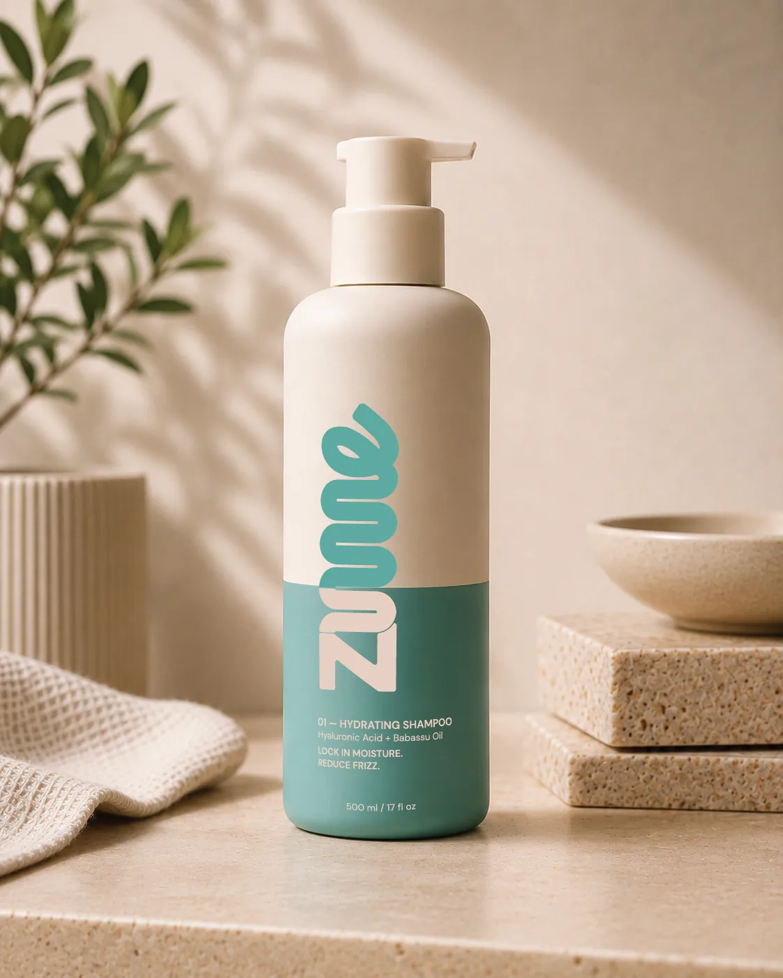 zume Hydrating Shampoo on a travertine surface