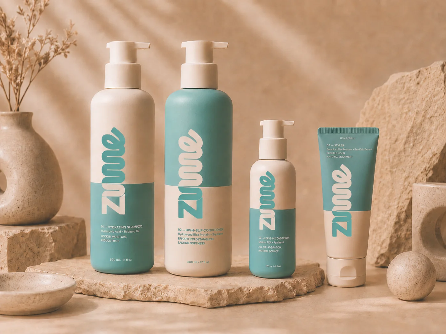 The full zume routine — shampoo, conditioner, leave-in and styler
